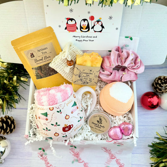 Cozy Christmas gift set with festive mug and cosy socks