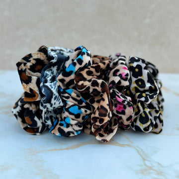 Leopard Printed Hair Scrunchies available in 6 different styles