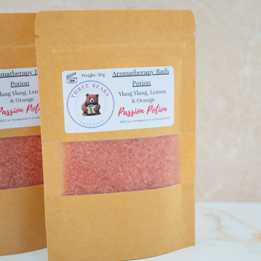 Passion potion bath salts, a blend of ylang ylang, lemon and orange essential oils